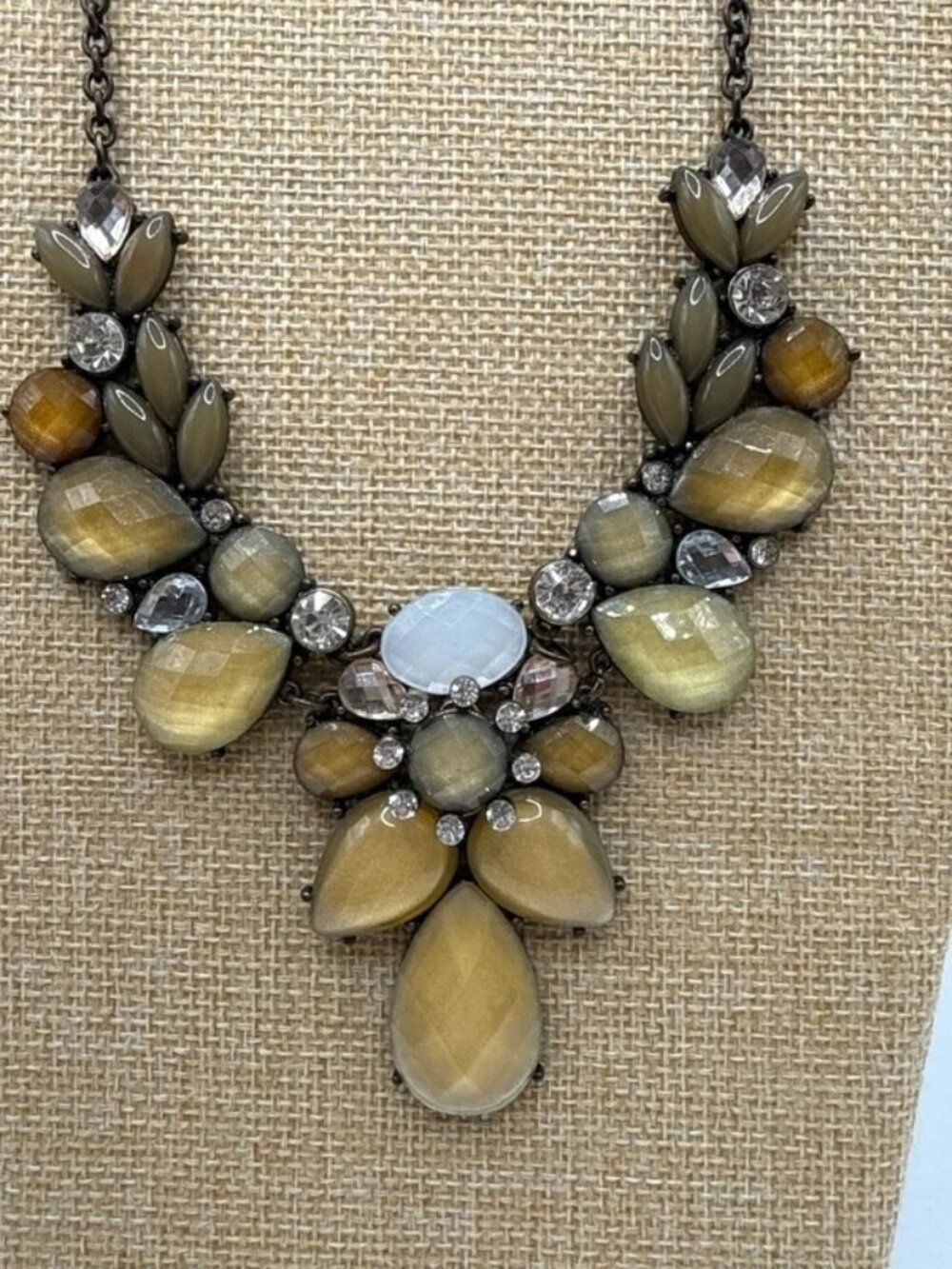 Statement Bib Necklace Gray Gold Faceted Acrylic Rhinestone Boho Chic - Picture 1 of 6